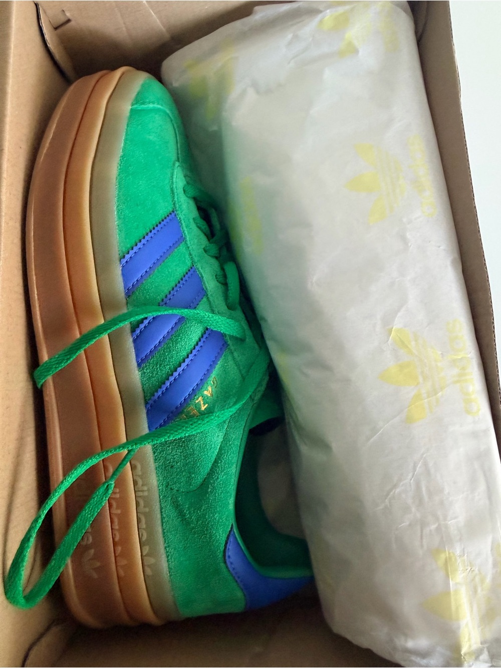 Adidas Gazelle Platform Green Suede Sneaker with Blue Stripes - Picture 4 of 4
